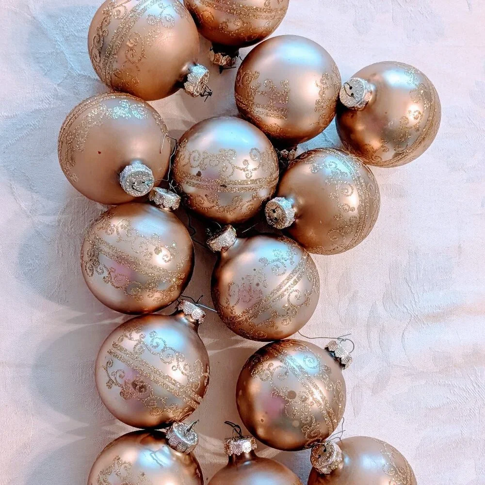 VTG Lot of 14 Rauch Glass Ornaments Champagne Gold Scroll Medium USA Christmas - Picture 1 of 8